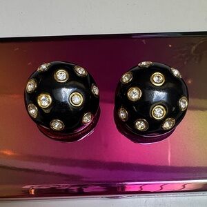 Carolee vintage 1980s puffy black enamel crystal encrusted statement clip ons